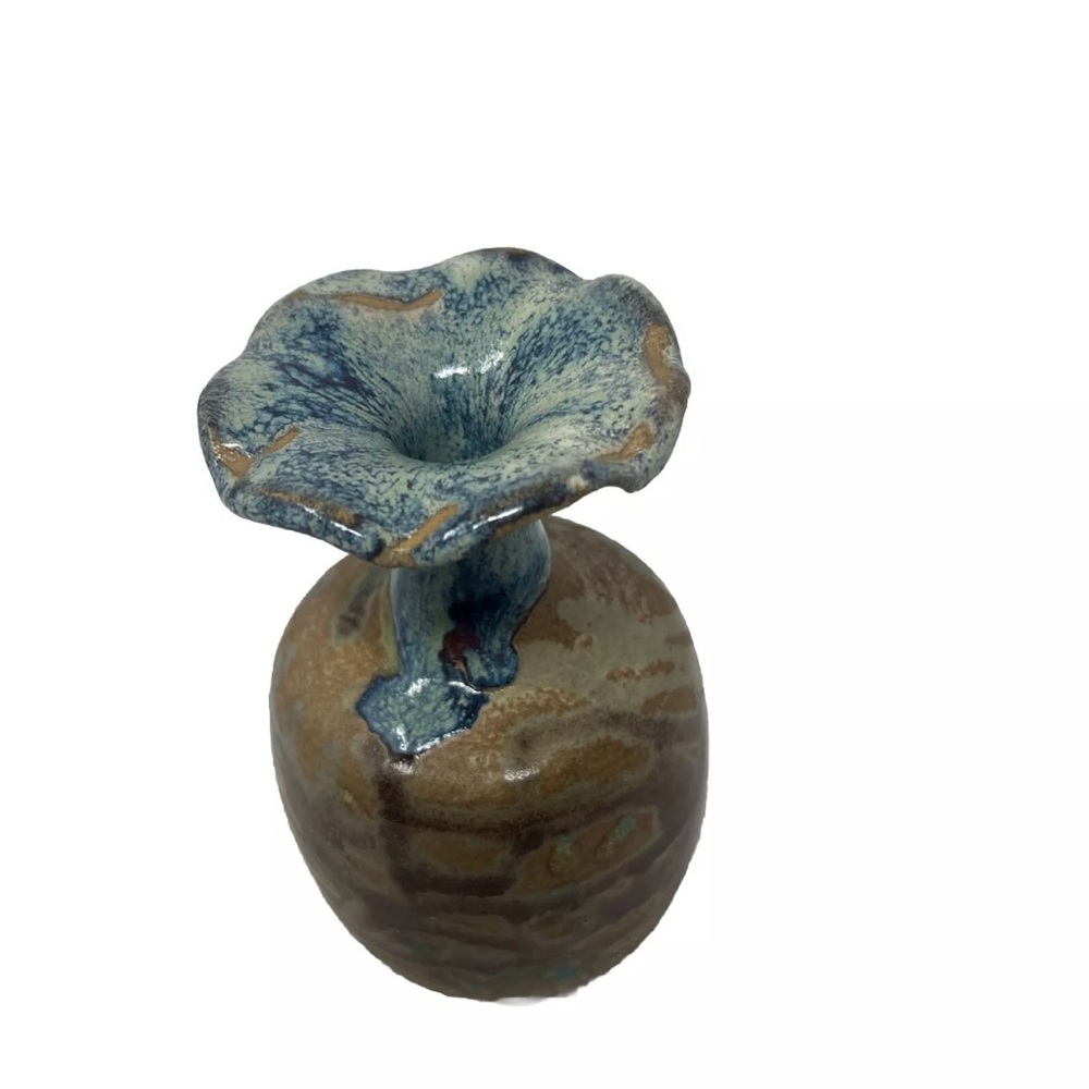Studio Art Pottery Scalloped Edge Drip Glaze Bud Vase Signed